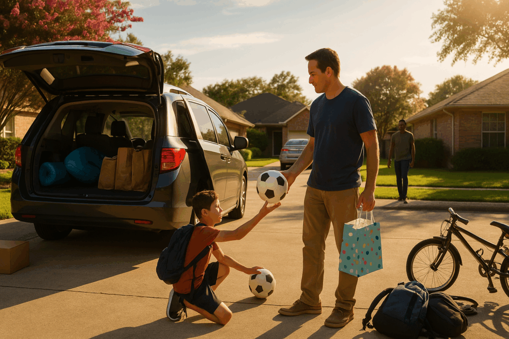 Wide-angle summer driveway co-parenting exchange: dad hands a soccer ball to his child beside an open minivan, backpacks, and a bike in warm evening light.
