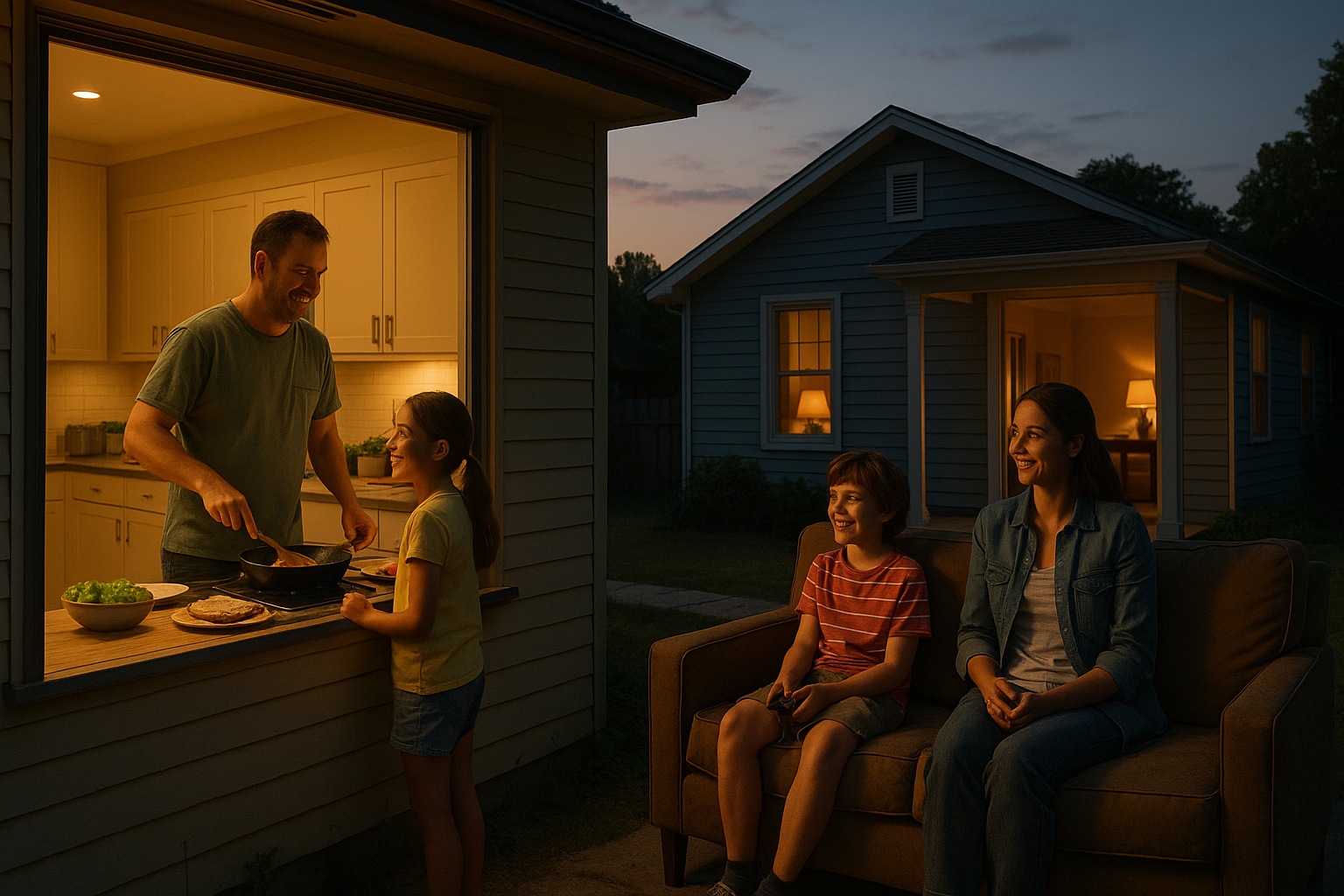 A cinematic wide-angle summer evening scene of two Texas homes, where one parent cooks tacos with a child while another prepares for a cozy movie night, symbolizing family stability after divorce.
