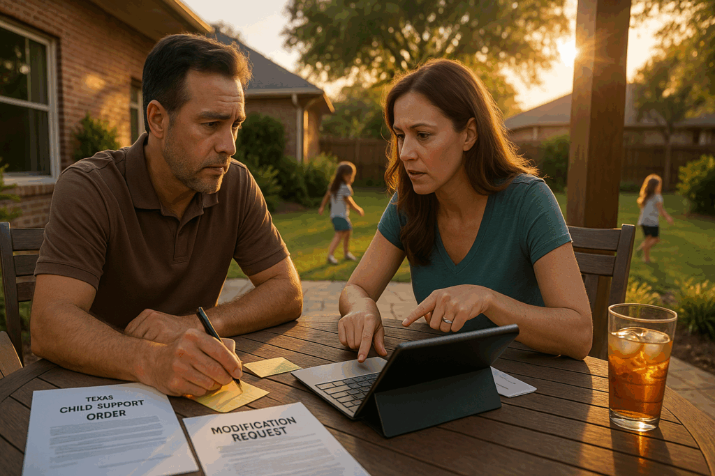 Parents discussing modifications to child support orders.
