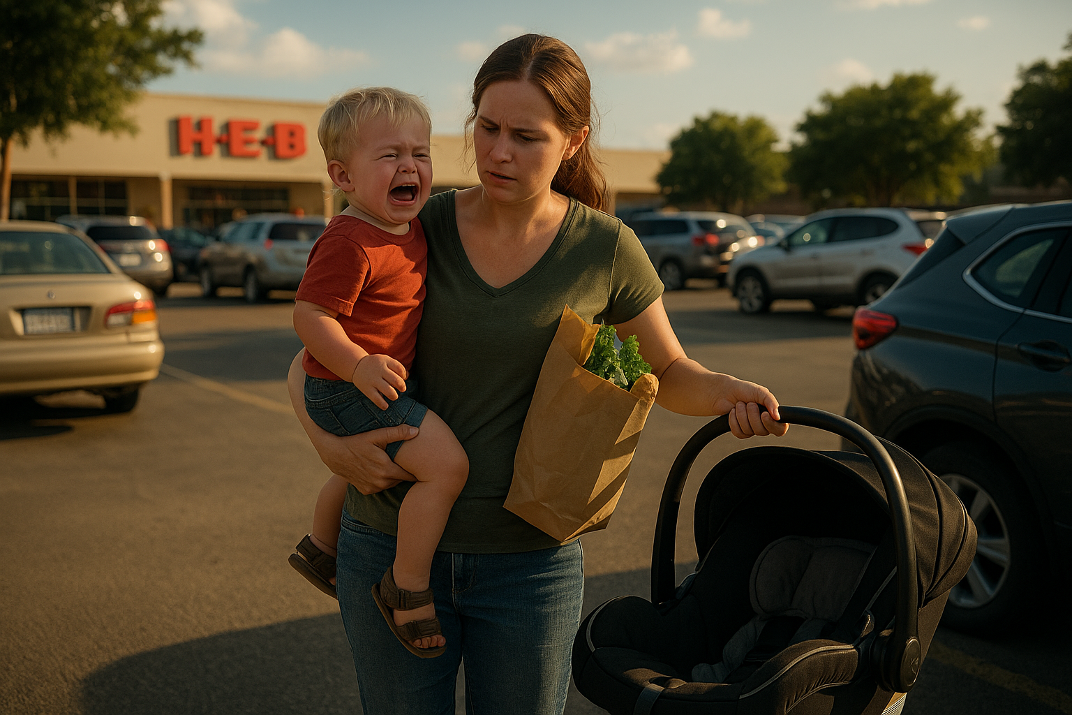 Mother balancing groceries, car seat, and crying toddler in H-E-B parking lot on a summer afternoon