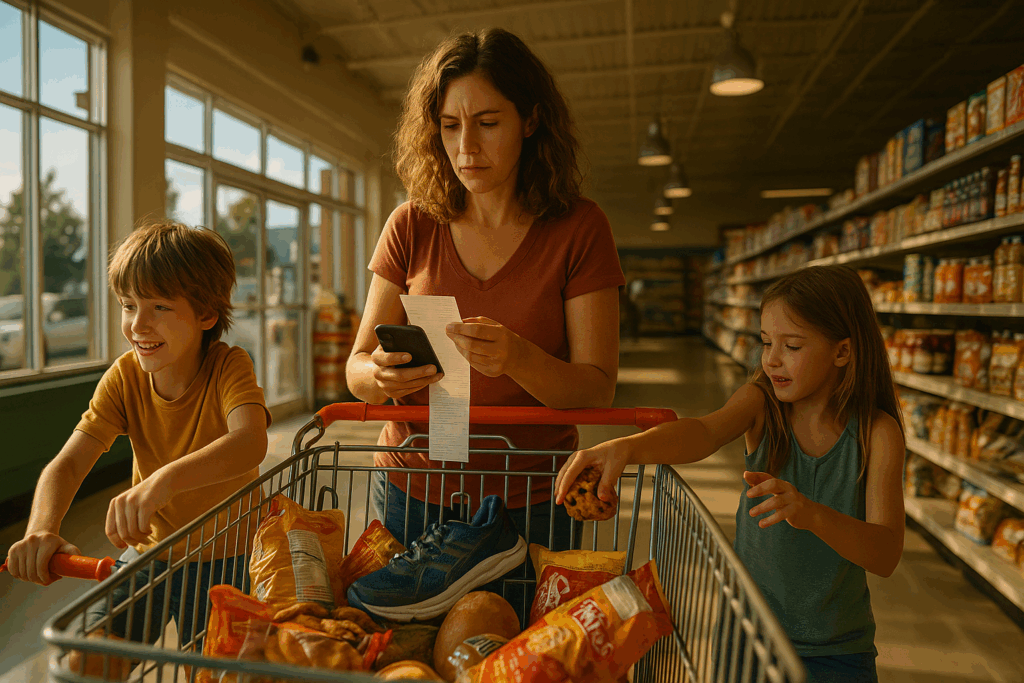 Parent grocery shopping with kids, one pushing cart too fast, another sneaking cookies, while parent calculates expenses