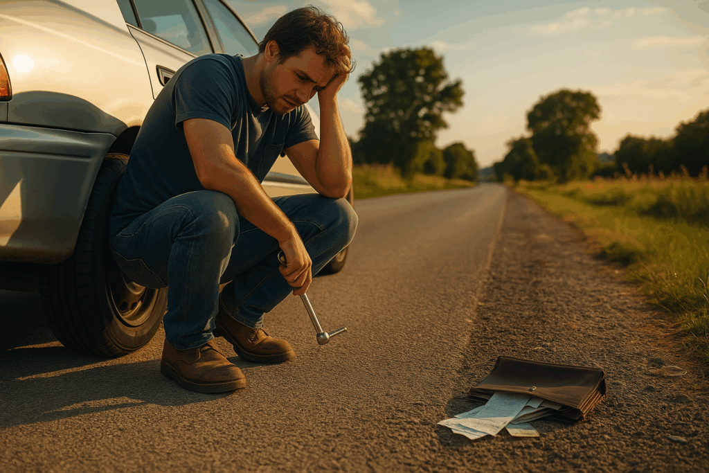 A man crouched by a car with a flat tire on a rural Texas road, looking stressed, with an open wallet and receipts scattered on the ground beside him.