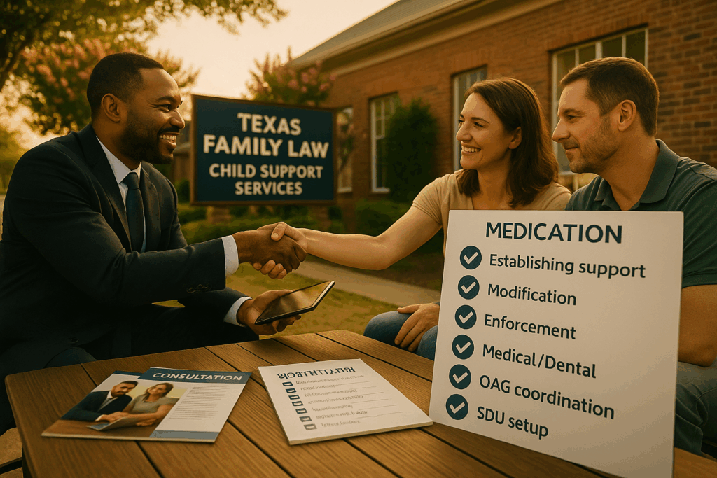 Services offered by attorneys related to child support, highlighting assistance.