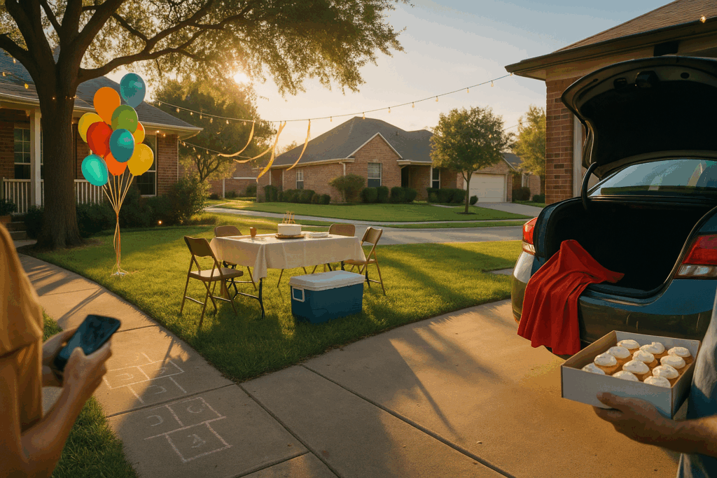 Texas backyard birthday: balloons by oak tree, cake table on lawn, cupcakes in open car trunk—co-parenting handoff at golden hour.