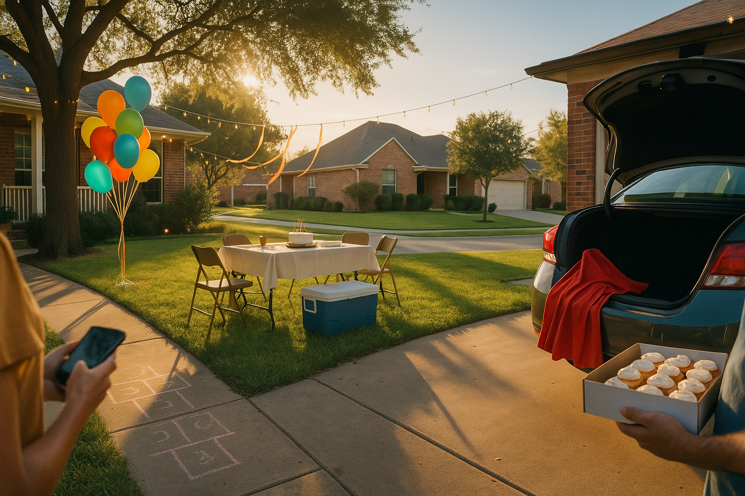 Texas backyard birthday: balloons by oak tree, cake table on lawn, cupcakes in open car trunk—co-parenting handoff at golden hour.