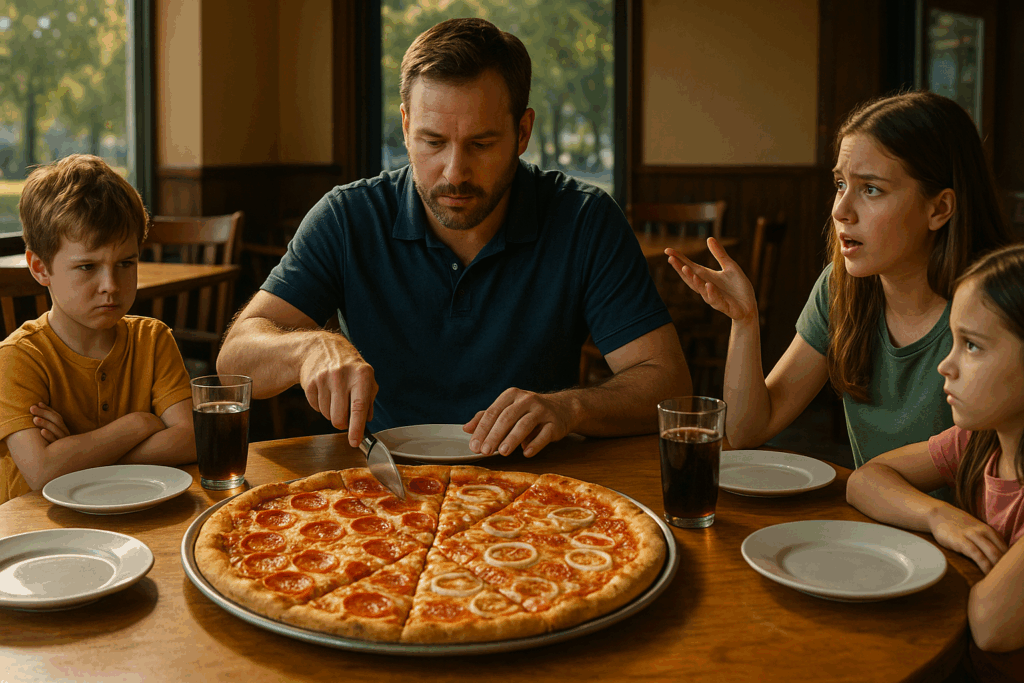 Father dividing pizza while children argue over toppings, symbolizing family disagreements and child support challenges.