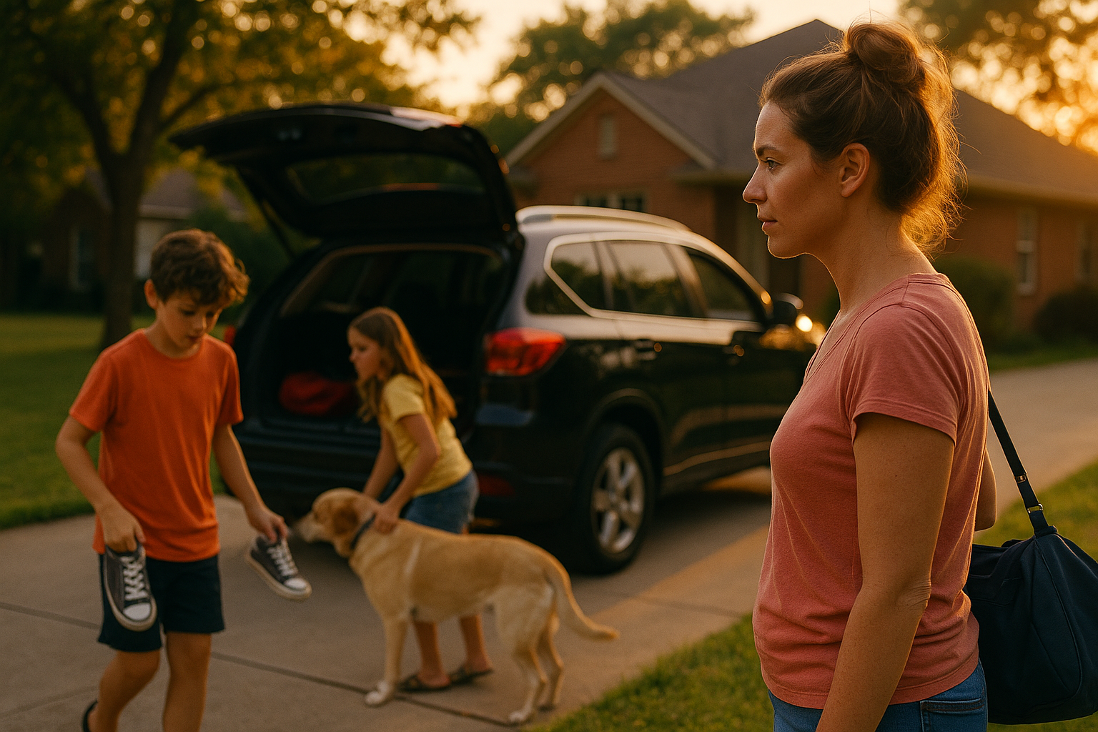 Parent with children and dog preparing for weekend visit, symbolizing the challenges of co-parenting and Texas child support