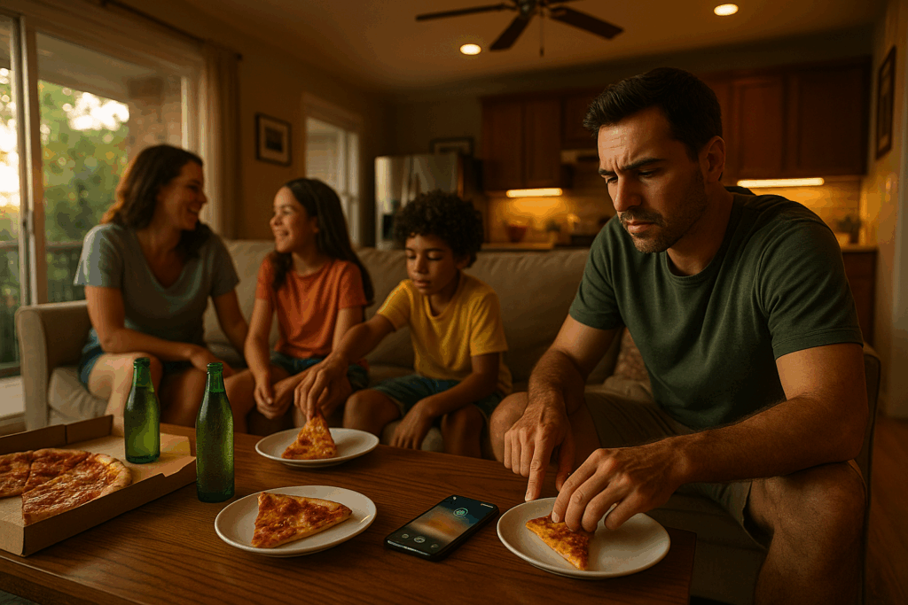 Family at Friday pizza night as dad checks a banking alert— a real-life moment showing why child support enforcement in Texas matters.