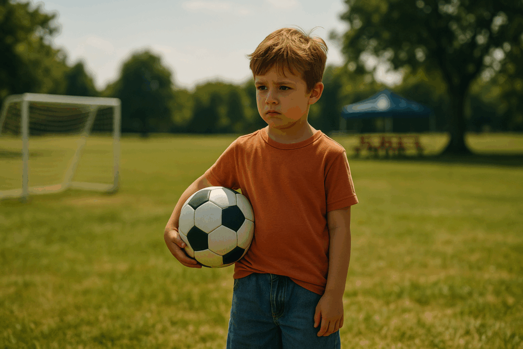 Young boy holding a soccer ball in a park, wearing an oversized shirt and looking disappointed, symbolizing the emotional impact of unpaid child support.