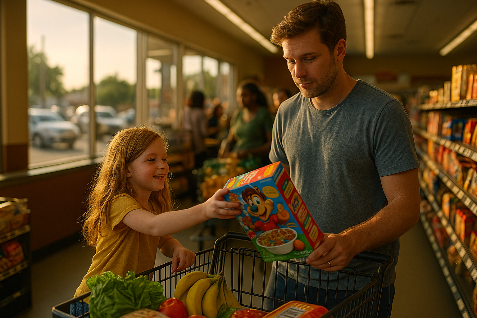 Father and daughter at a grocery store checkout line choosing cereal, symbolizing real-life child support decisions in Texas.