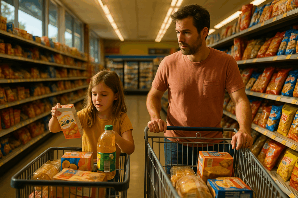 Parent and child shopping in a grocery store aisle, filling the cart with snacks and drinks, symbolizing everyday family life and financial responsibility.