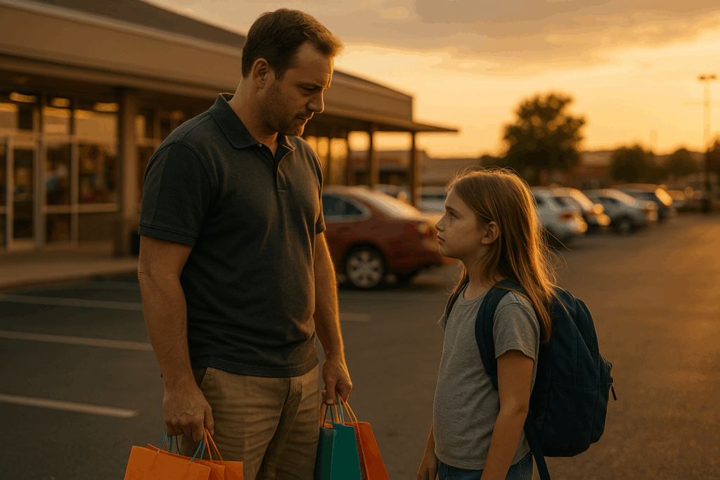 Father and daughter in a parking lot during sunset, symbolizing the emotional and financial challenges of post-divorce parenting.