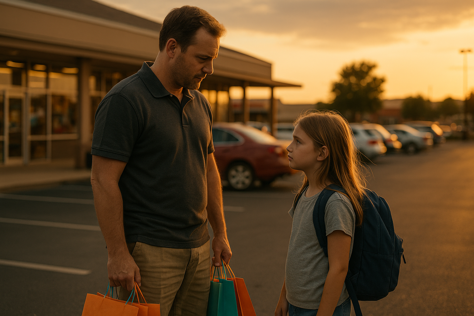 Father and daughter in a parking lot during sunset, symbolizing the emotional and financial challenges of post-divorce parenting.