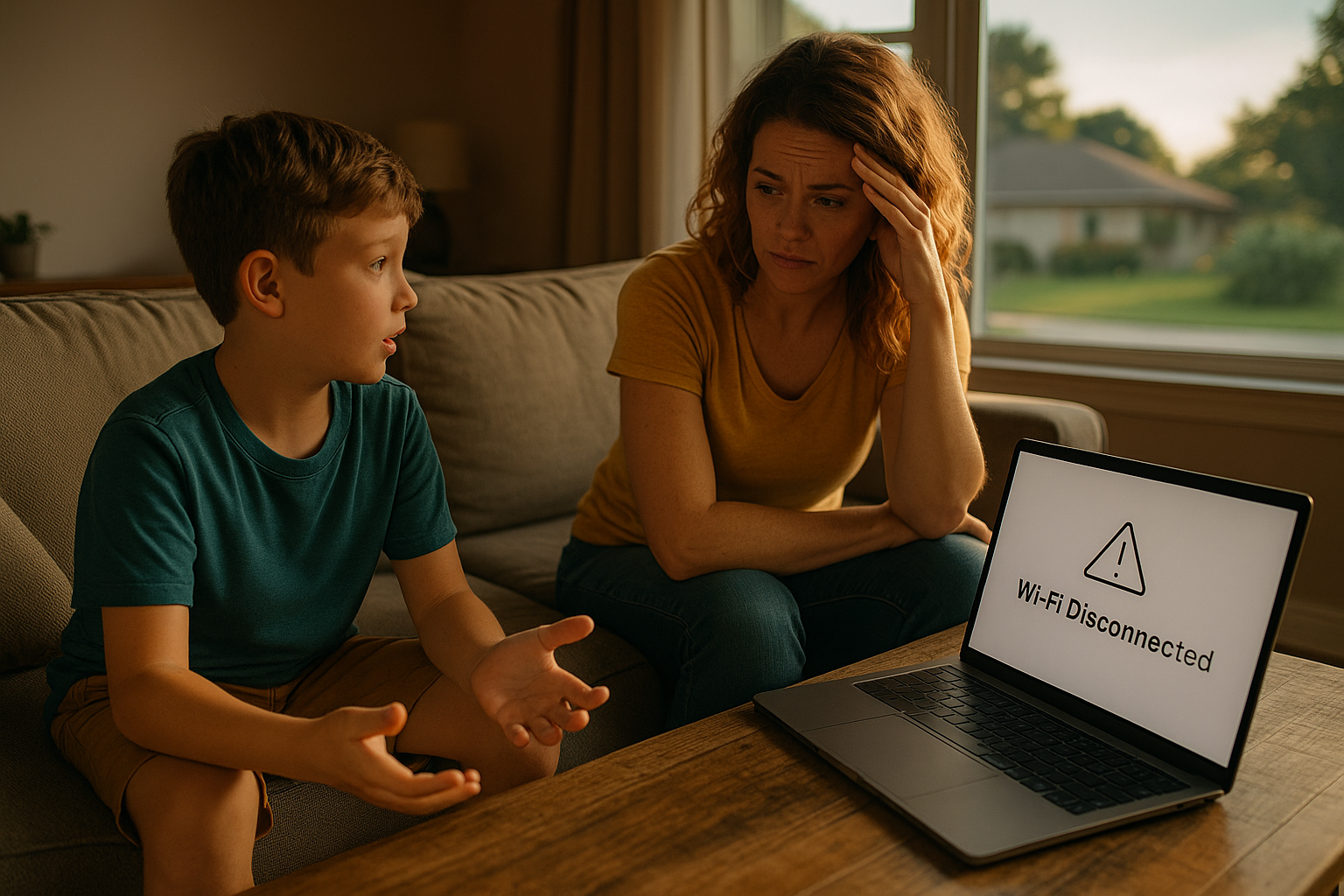 Mother and son sitting on a couch in a suburban home, concerned while looking at a laptop with a “Wi-Fi Disconnected” message, symbolizing shared family responsibilities and the importance of child support stability.