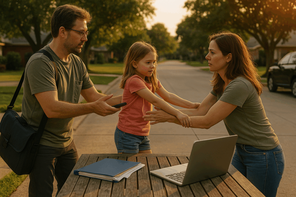 Divorced parents exchanging custody of their child in a suburban neighborhood during a summer evening, symbolizing co-parenting and child support transitions under Texas family law.
