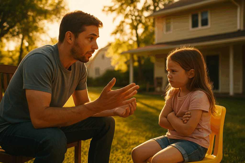 Father explaining bedtime rules to daughter in Texas family law and child support context, symbolizing co-parenting challenges.