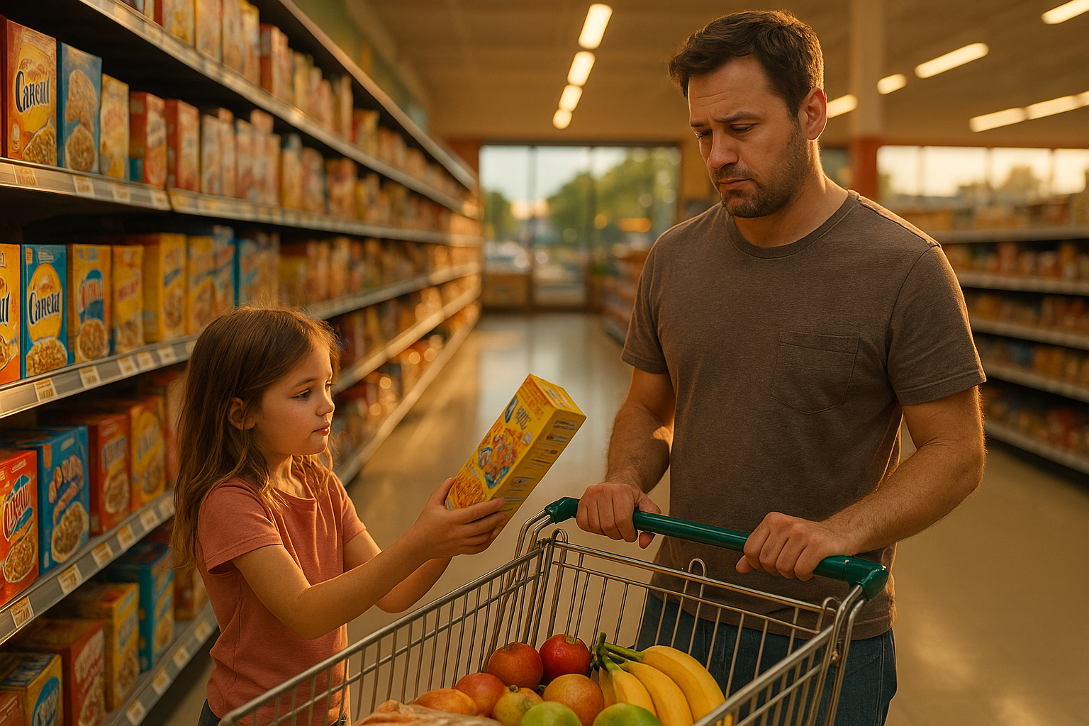 Father and daughter grocery shopping, child holding cereal box, symbolizing family expenses and child support in Texas