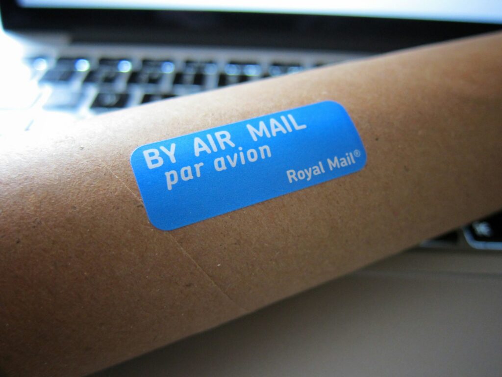 air mail sticker on brown pacjage