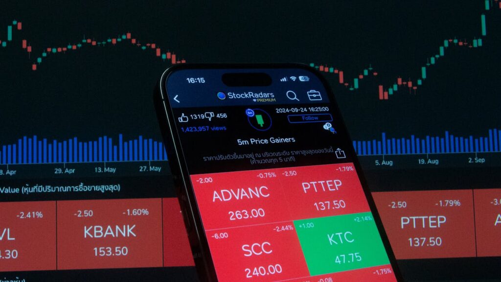 phone and screen showing stock market analysis