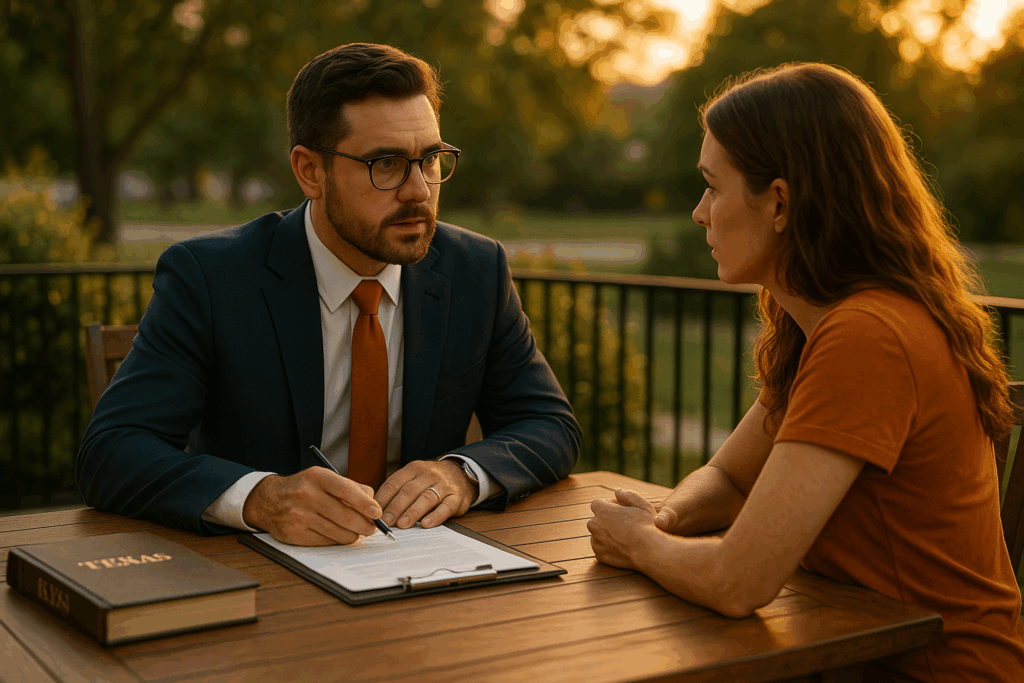 A Texas child support lawyer discussing legal matters with a client.