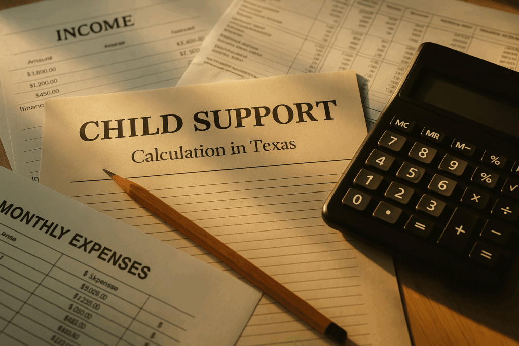 A calculator and financial documents used for calculating child support in Texas.