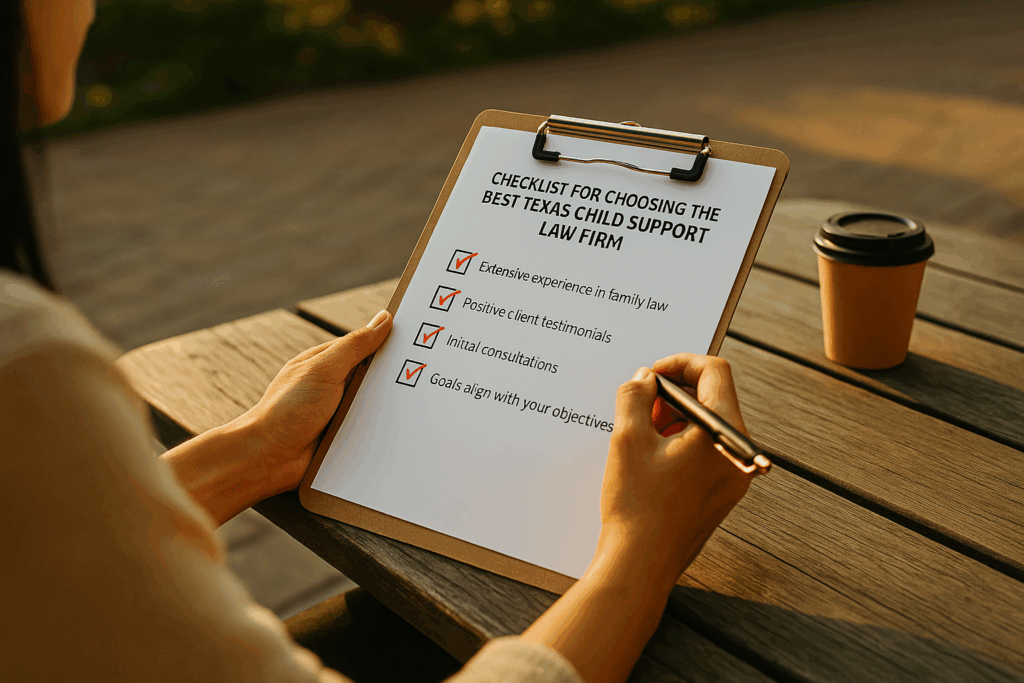 A checklist being reviewed by a client to choose the best Texas child support law firm.