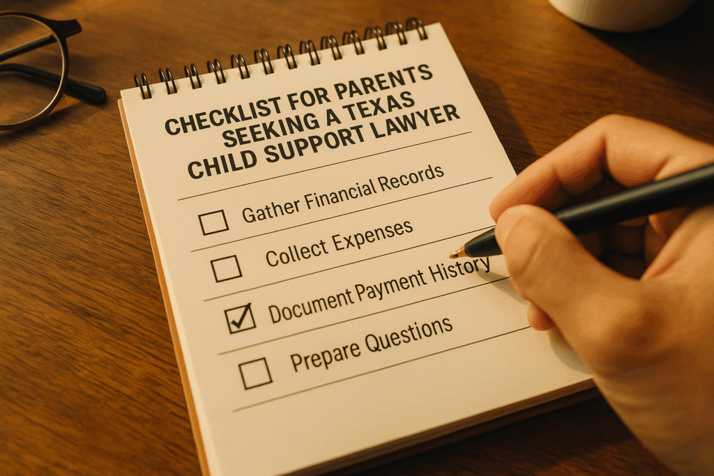 A checklist for parents seeking a Texas child support lawyer.