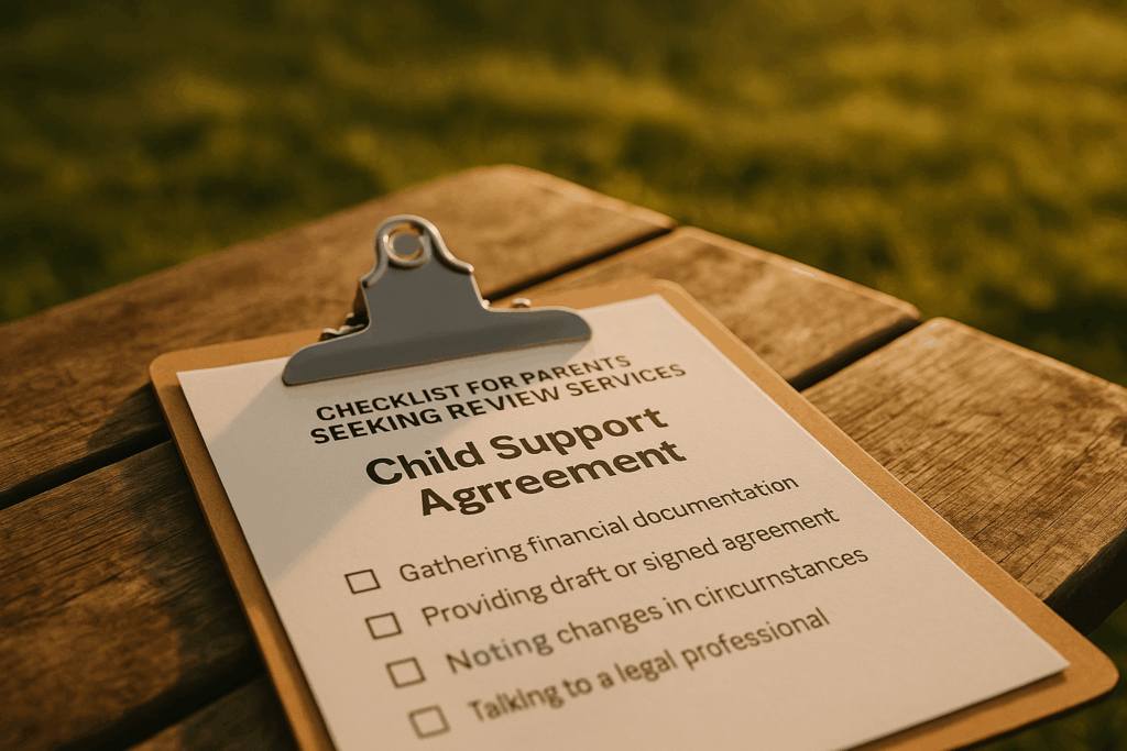 A checklist for parents seeking review services for child support agreements.