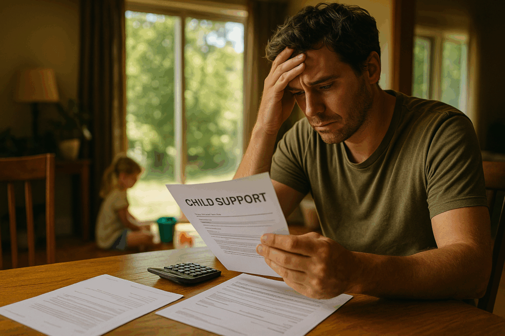 A concerned parent reviewing child support payments, feeling overwhelmed by financial responsibilities.