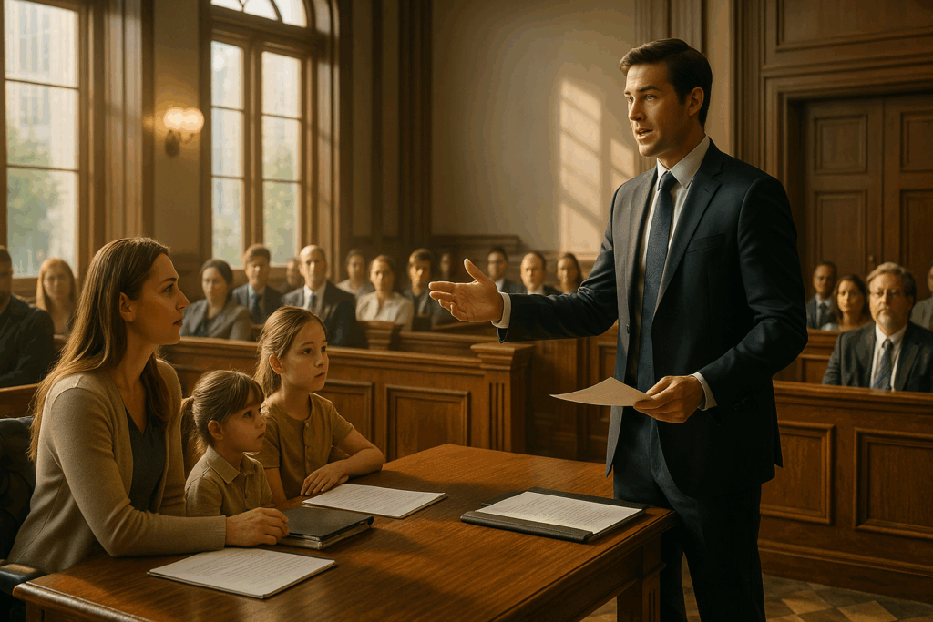 A courtroom scene with a family law attorney representing a client.