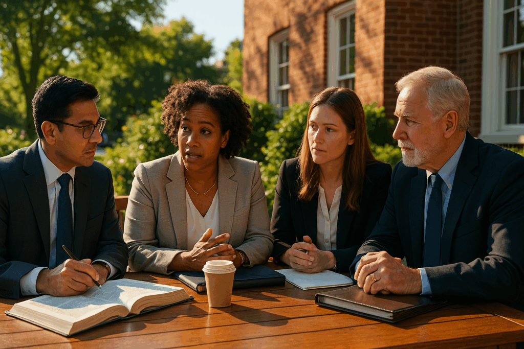 A diverse group of experienced child support attorneys discussing strategies.