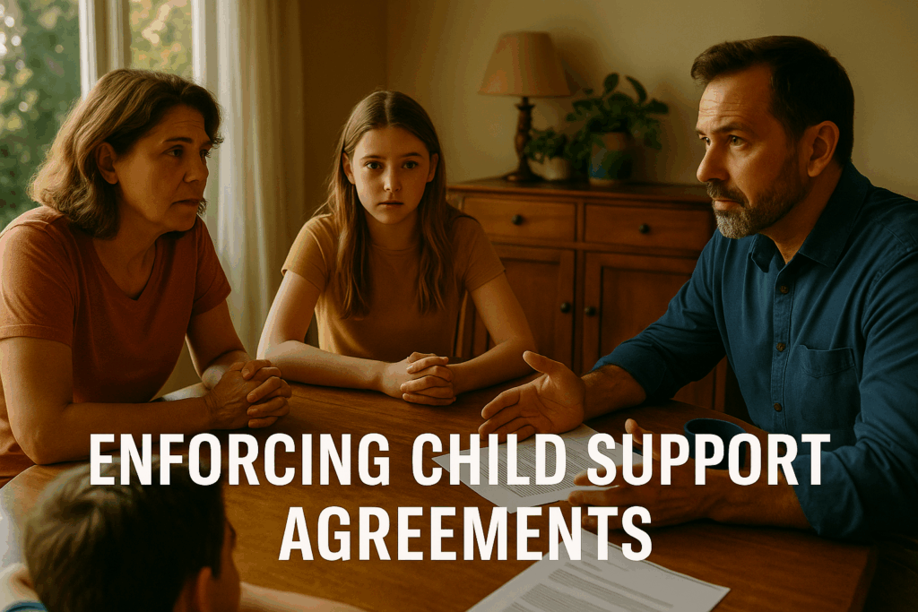 A family discussing child support agreements, emphasizing the importance of compliance.