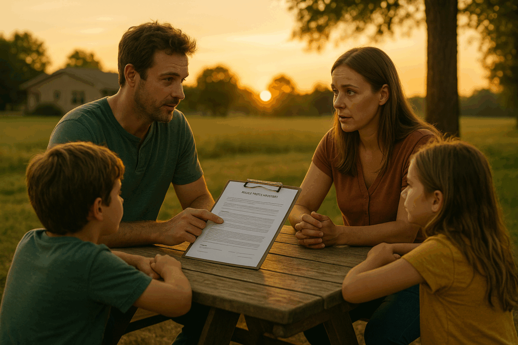 A family discussing child support agreements, highlighting the importance of reviewing them.