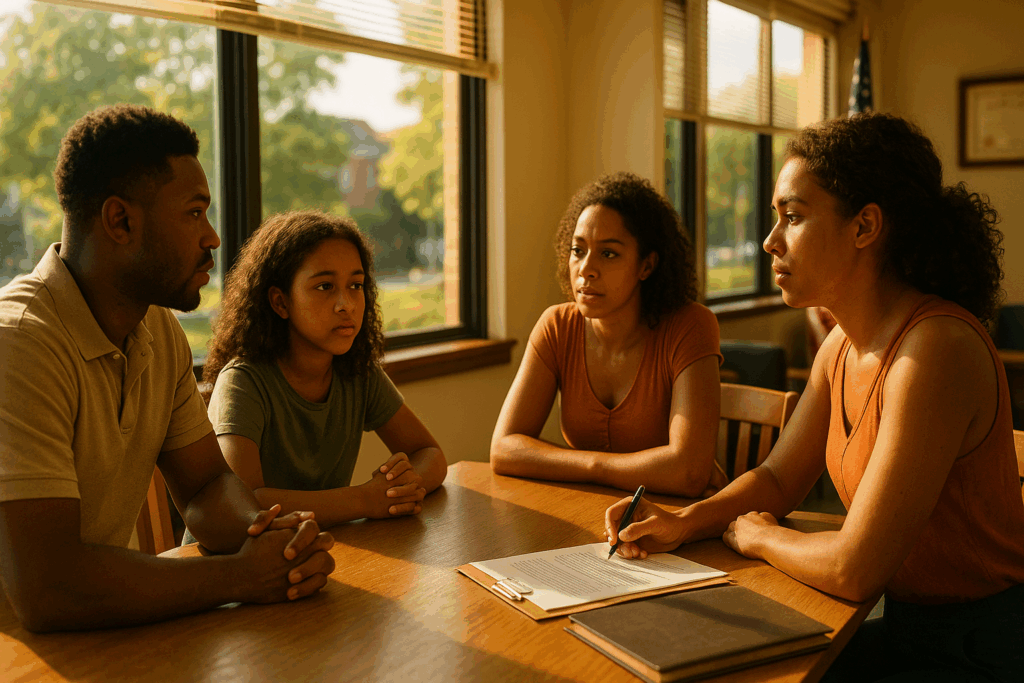 A family discussing child support matters during a consultation for Texas child support cases.