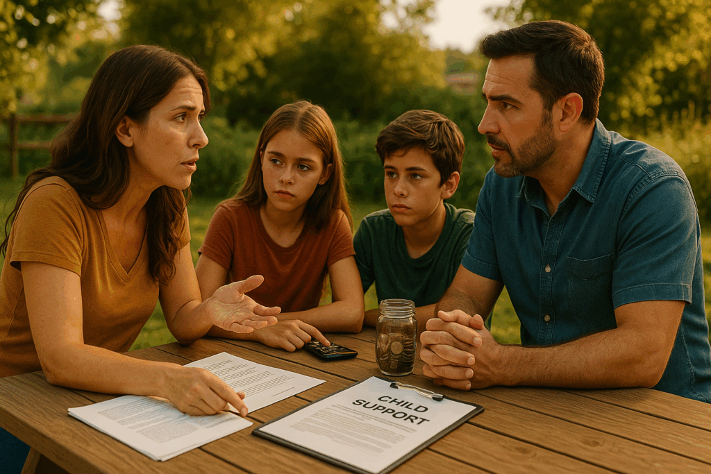 A family discussing financial responsibilities related to child support.