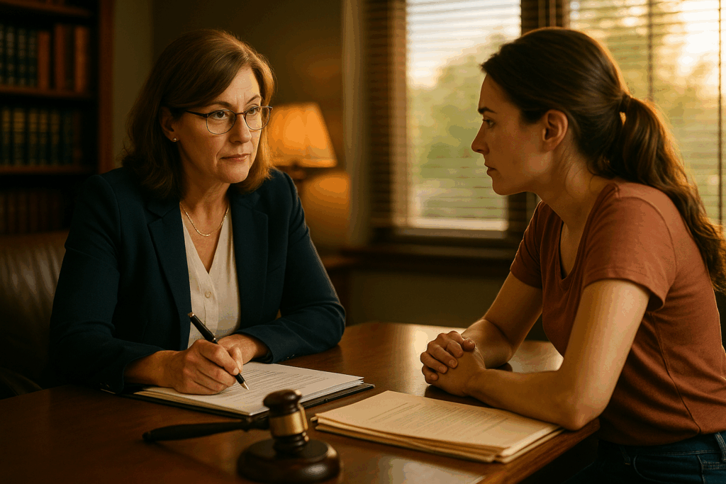 A family law attorney consulting with a client about child support arrangements.