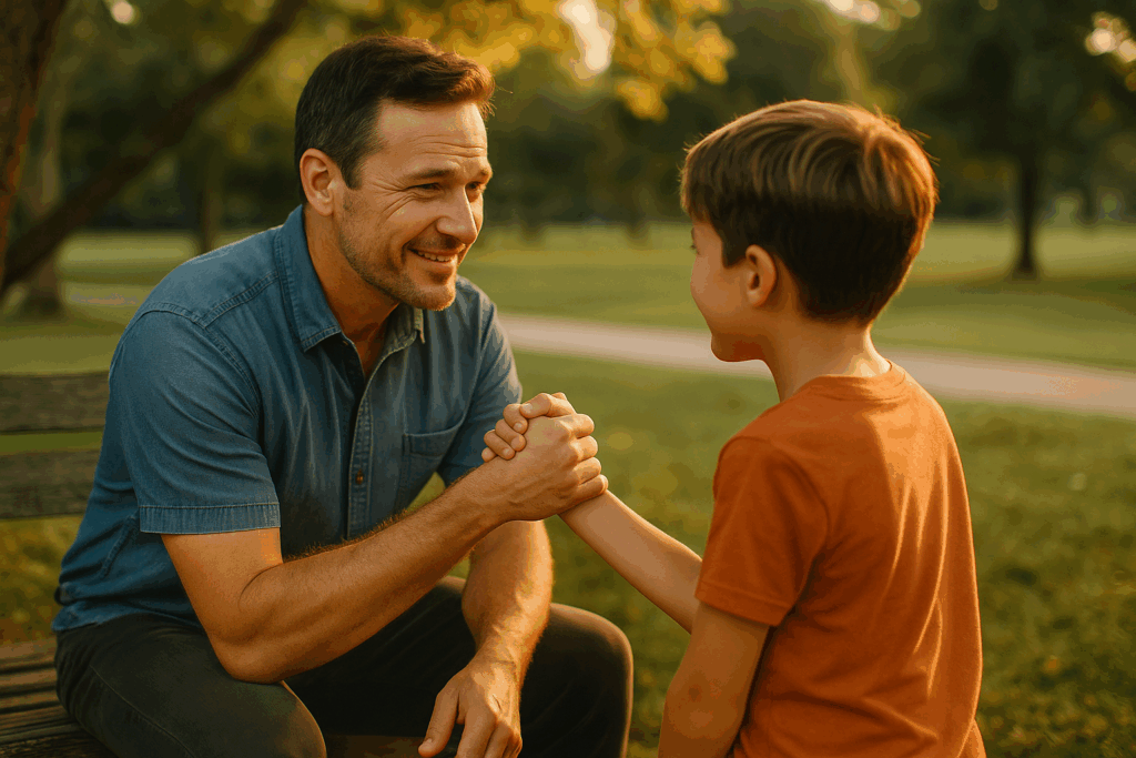 A parent and child interacting, representing the enforcement of child support orders.