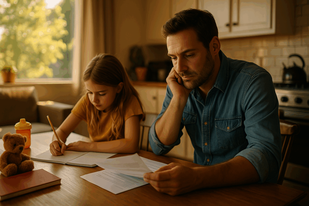A parent taking practical steps to support their child after job loss.