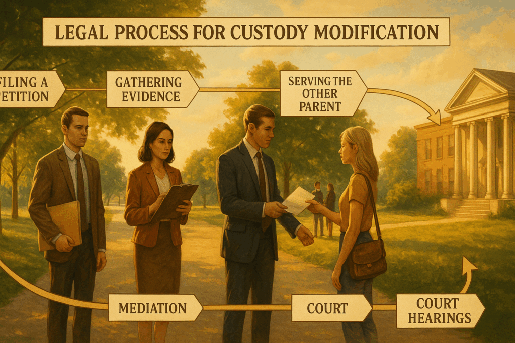 A visual guide to the legal process for custody modification, highlighting important steps in Material and Substantial Changes in Custody Suits