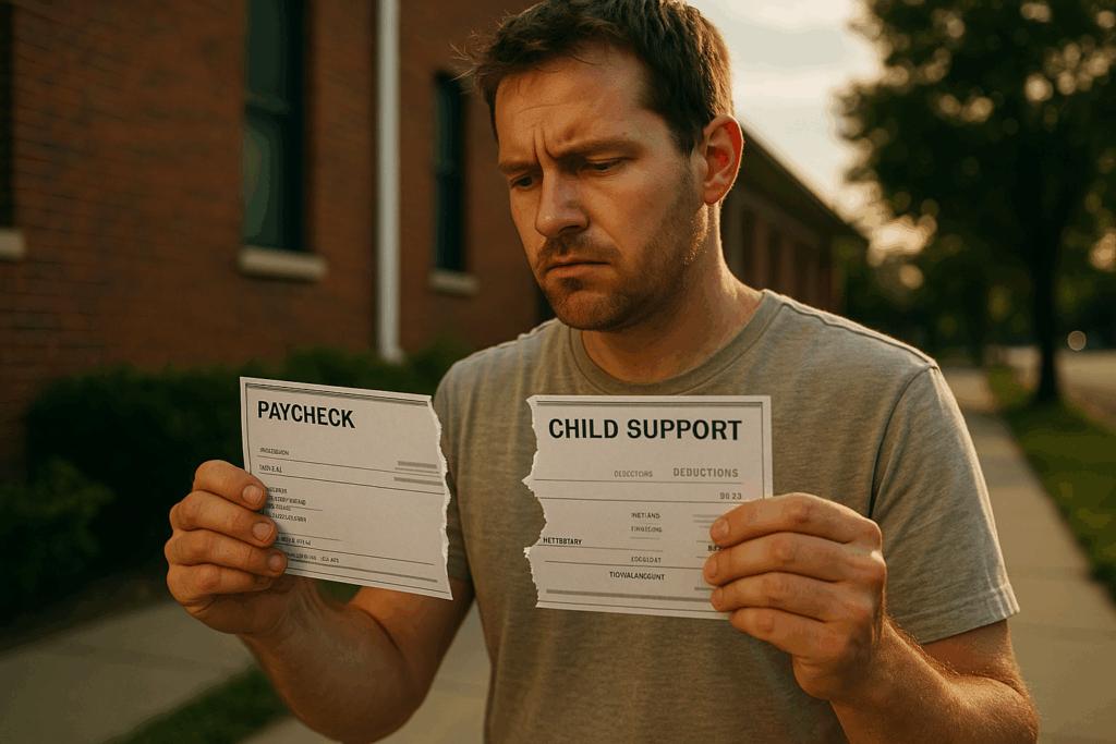 A visual representation of income and child support deductions from a paycheck, highlighting the feeling of losing half your check.