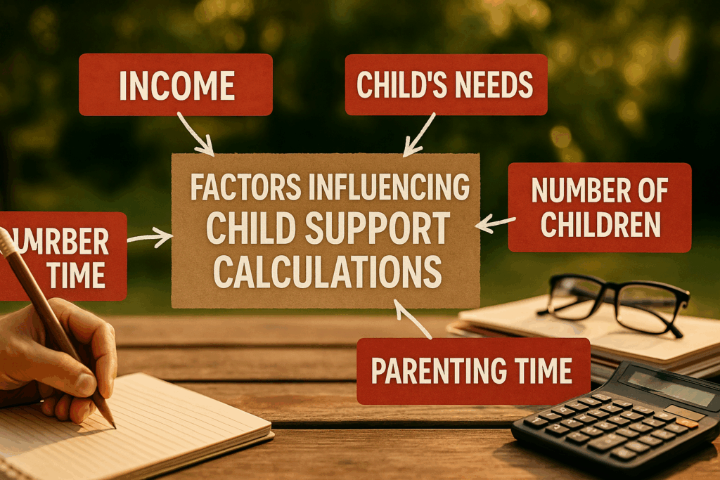 A visual summarizing the factors that influence child support calculations.