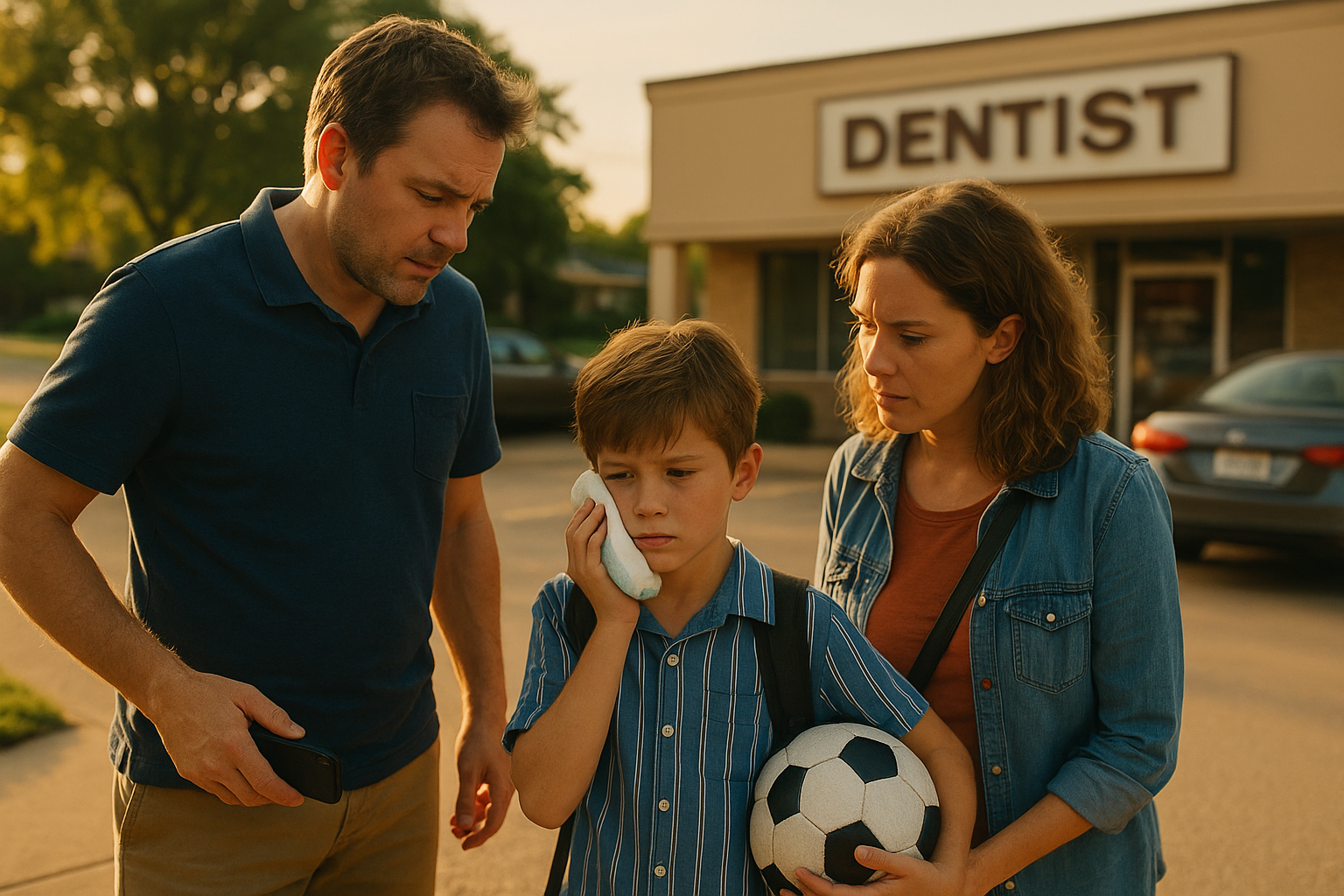 A concerned divorced couple stands with their child holding a soccer ball outside a Texas dentist’s office on a sunny afternoon, symbolizing family cooperation and medical support responsibilities after divorce.