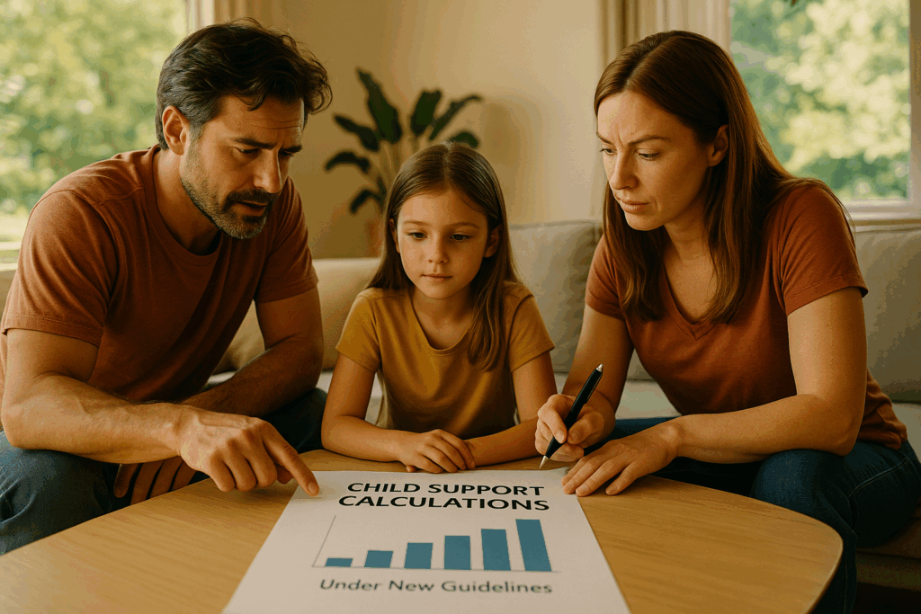 An illustration of a family discussing child support calculations under new guidelines.