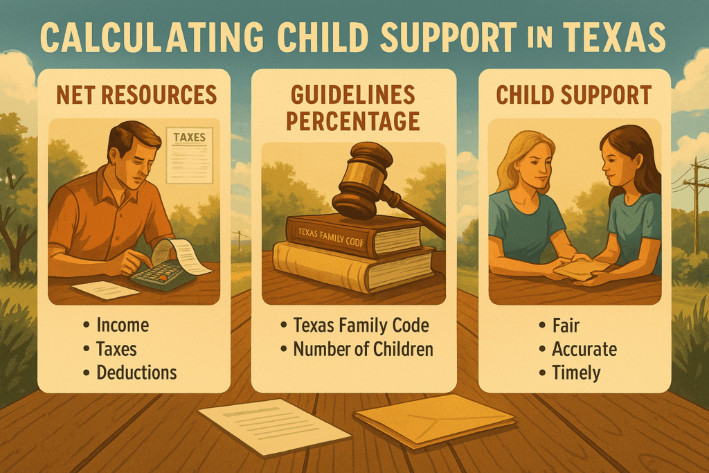An illustration showing the process of calculating child support in Texas.