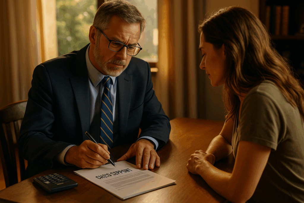 An image depicting an experienced attorney assisting with child support calculations.