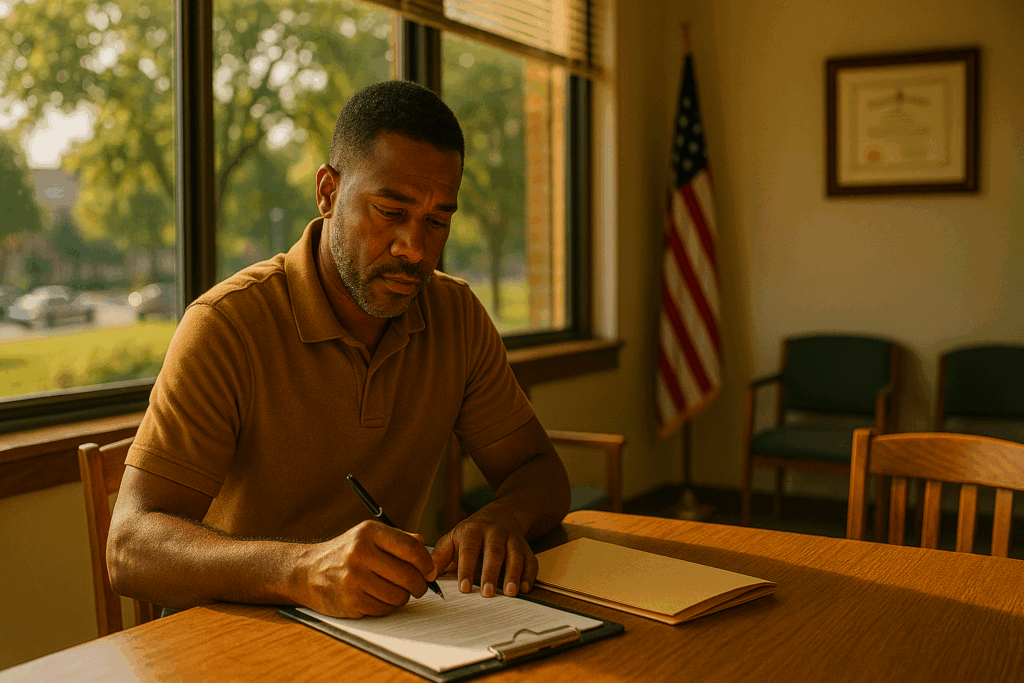 An individual preparing for a consultation about child support issues.