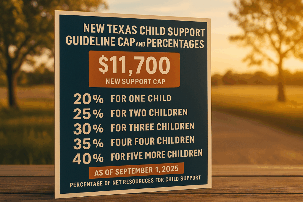 An infographic depicting the new Texas child support guideline cap and percentages.