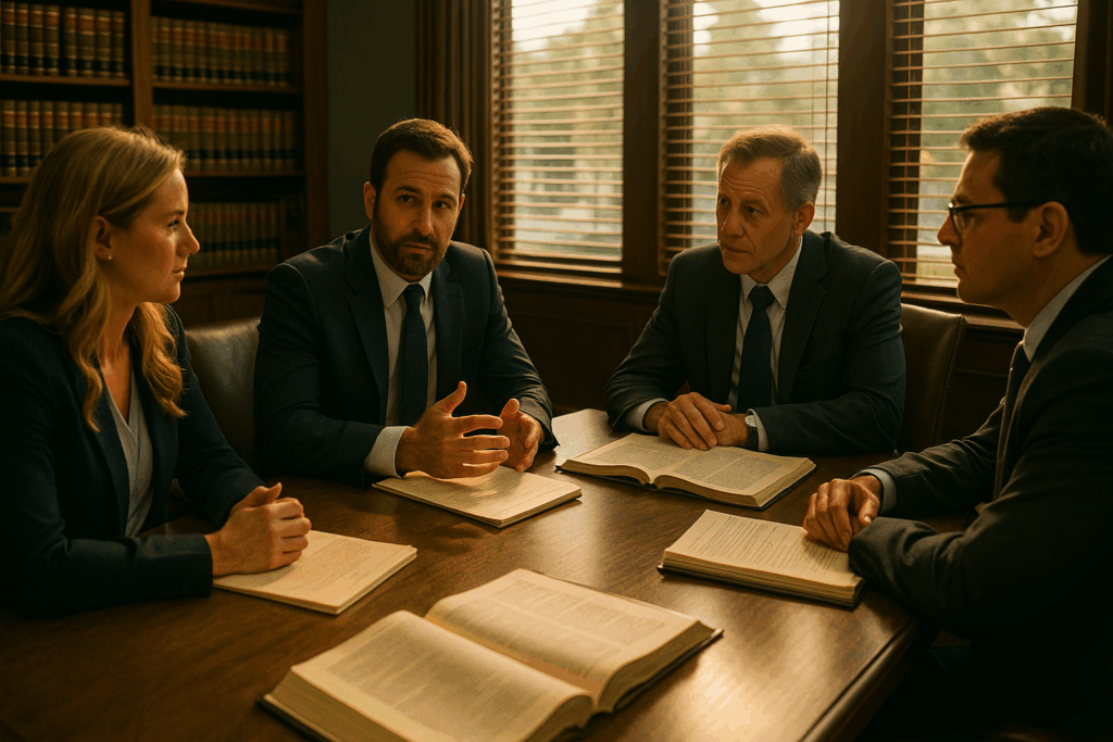 An office environment with a team of experienced child support attorneys discussing legal strategies.