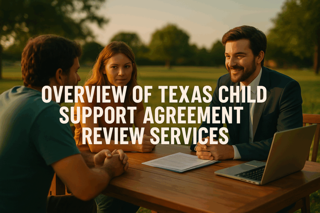 An overview of Texas child support agreement review services being provided to parents.