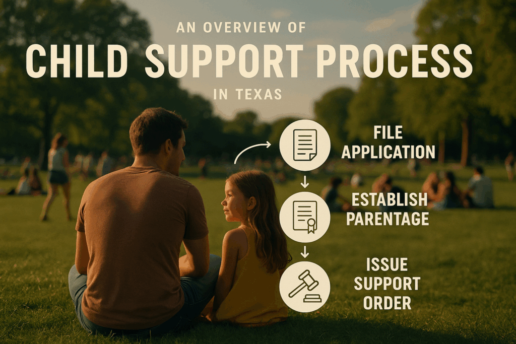An overview of child support in Texas, illustrating the child support process.